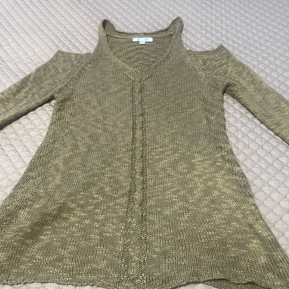 She + Sky Green Off-the-Shoulder Sweater with Cold-Shoulder Cutouts